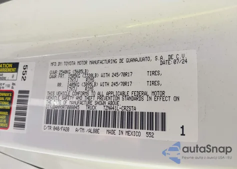 2024 Toyota Tacoma Sr 2Wd из США, поврежденный, VIN 3TYJDAHN9RT008045